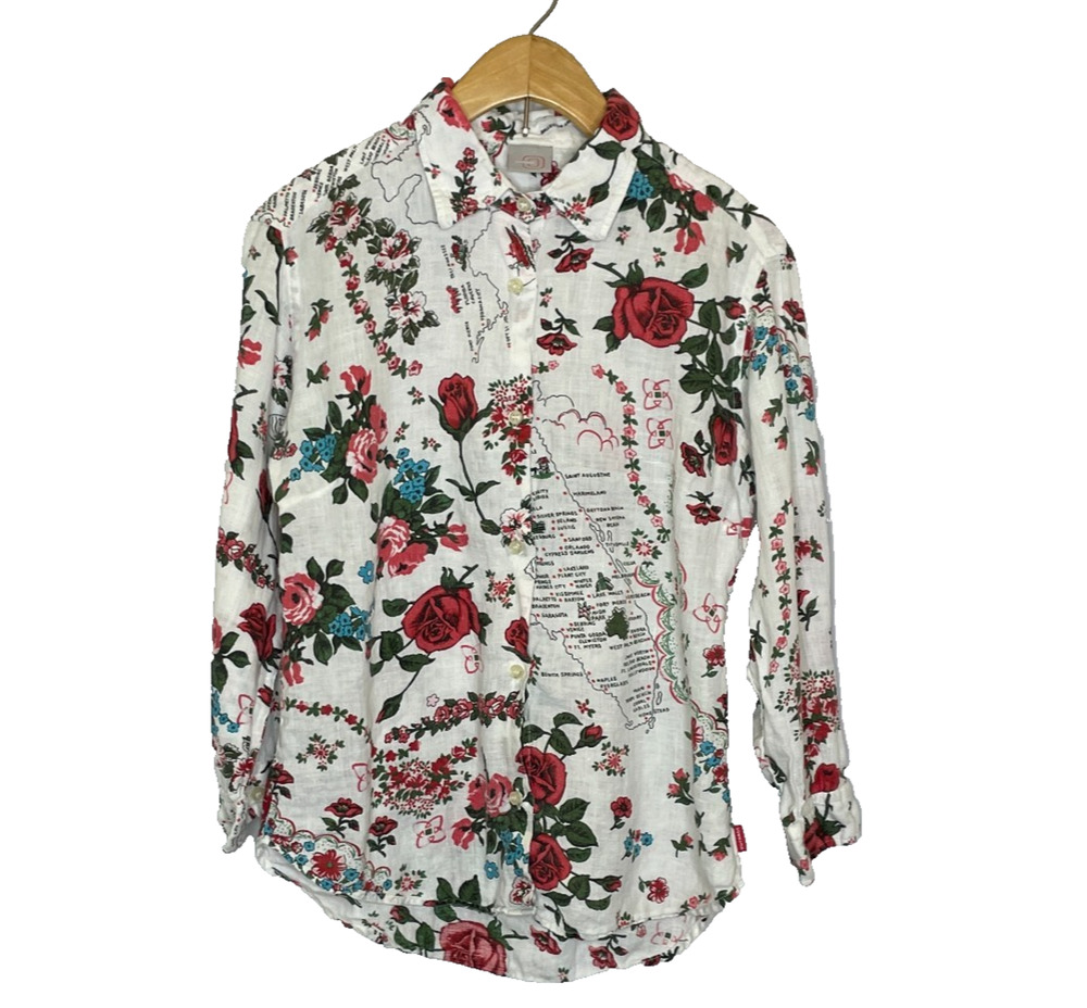 Women's Small Outrage Floral Florida Print Linen Button Down Shirt Boho